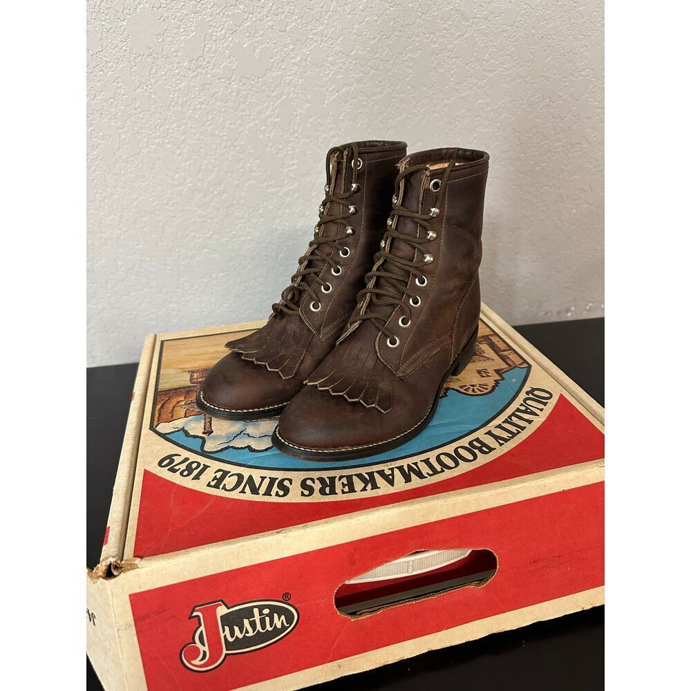 Justin Leather Lace Up Roper Boots Women 4D Brown Witchy Grunge Cottage Cowgirl - Picture 3 of 16